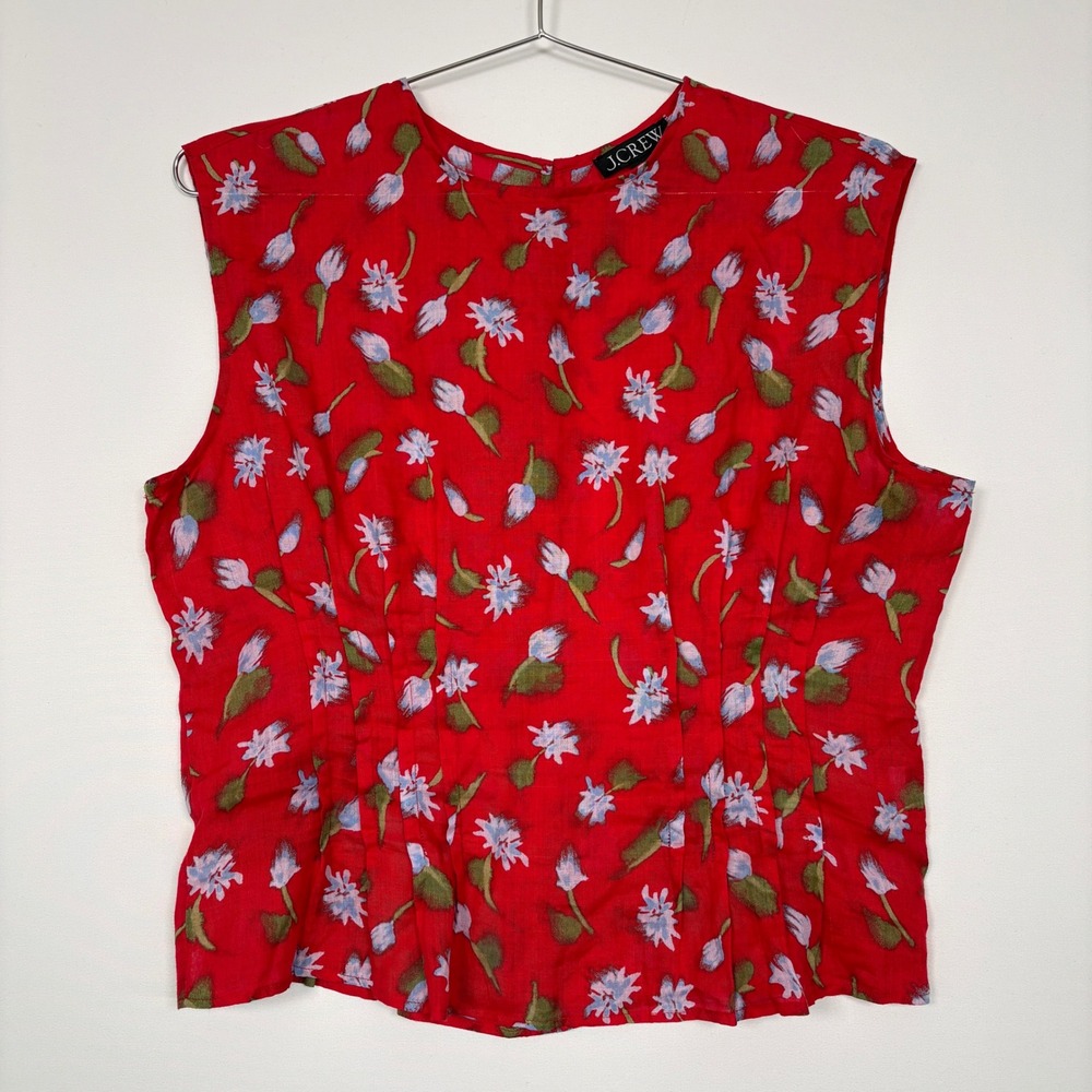J.Crew Women Sleeveless Blouse 10 Red Floral Pintuck Shell Top Daisy Print Pleat